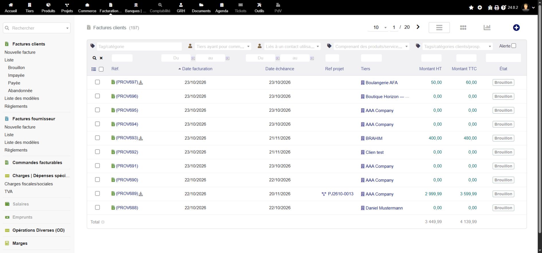 Facturation clients — démonstration publique de Dolibarr